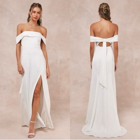 Size M NWOT Lulus Dose of Love Ivory Satin Off-the-Shoulder Mermaid Maxi Dress - Picture 1 of 9